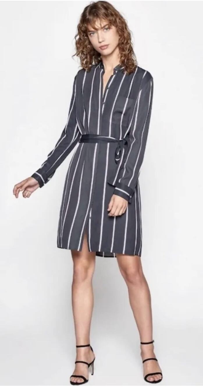 Equipment Femme Ravena Eclipse Noir Striped Long Sleeve Tie Waist Shirt Dress M